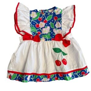 VTG 1990s No Label Apron Flutter Sleeved Embroidered Cherry Themed Toddler Dress